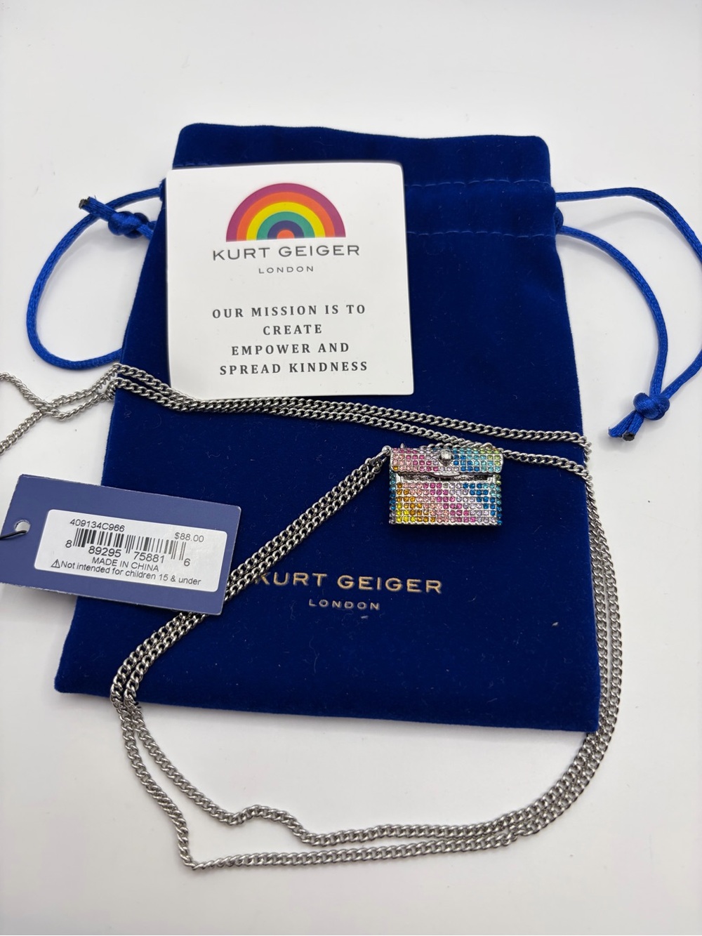 Kurt Geiger Kids Rainbow Crystal Envelope Necklace - Silver Chain